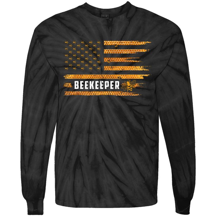 Beekeeping American Flag Honeycomb Honey Bees Beekeeper Tie-Dye Long Sleeve Shirt