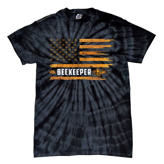 Beekeeping American Flag Honeycomb Honey Bees Beekeeper Tie-Dye T-Shirt