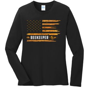 Beekeeping American Flag Honeycomb Honey Bees Beekeeper Ladies Long Sleeve Shirt