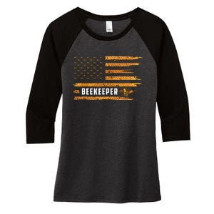 Beekeeping American Flag Honeycomb Honey Bees Beekeeper Women's Tri-Blend 3/4-Sleeve Raglan Shirt