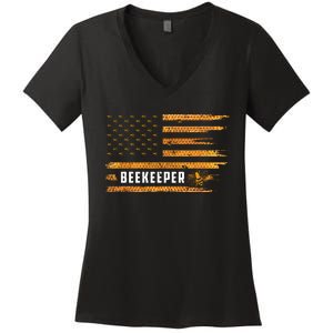 Beekeeping American Flag Honeycomb Honey Bees Beekeeper Women's V-Neck T-Shirt