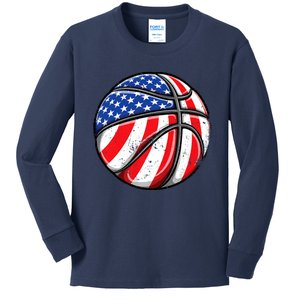 Basketball American Flag 4th Of July Kids Long Sleeve Shirt