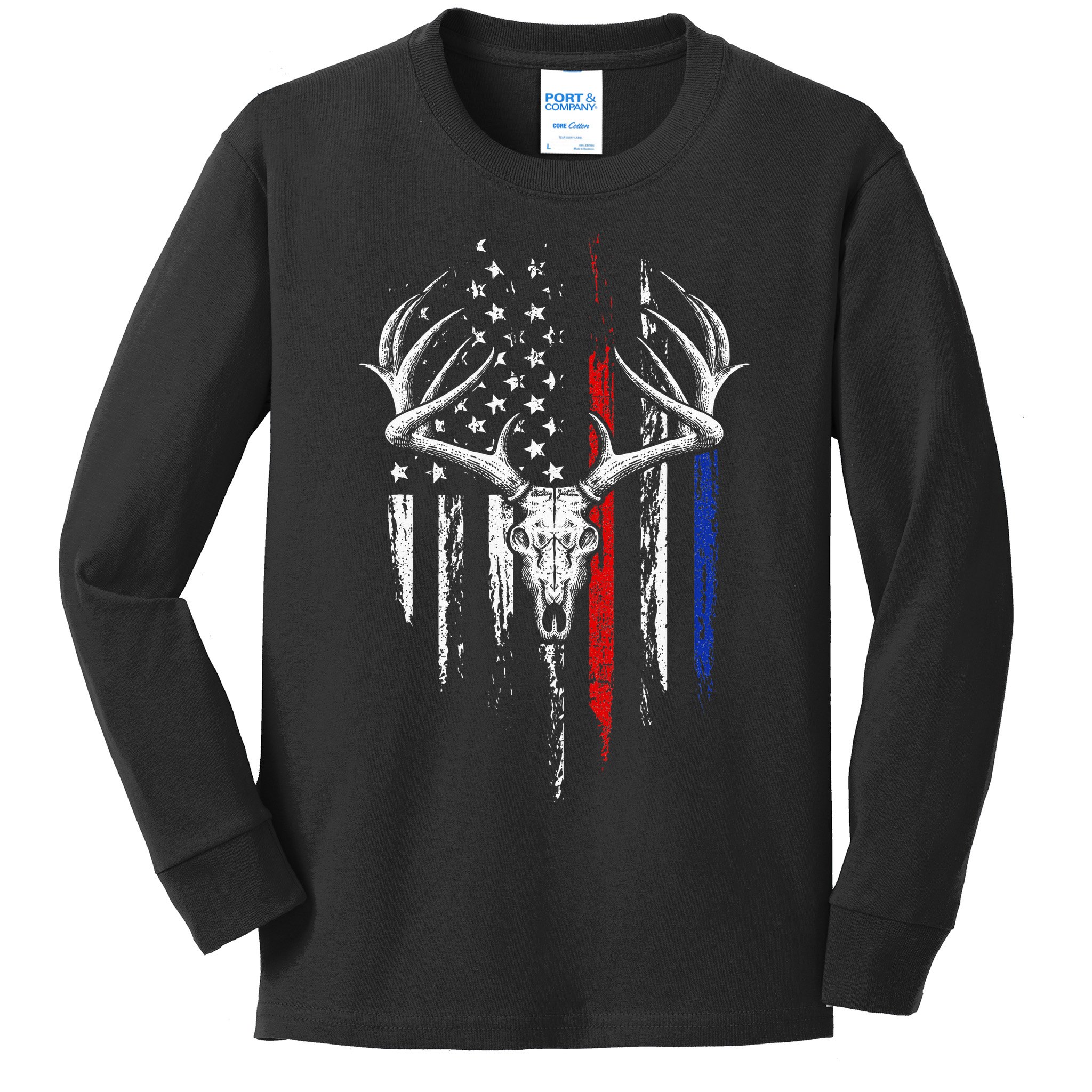 Bowhunting American Flag USA Bow Whitetail Deer Hunter Gift Kids Long Sleeve Shirt