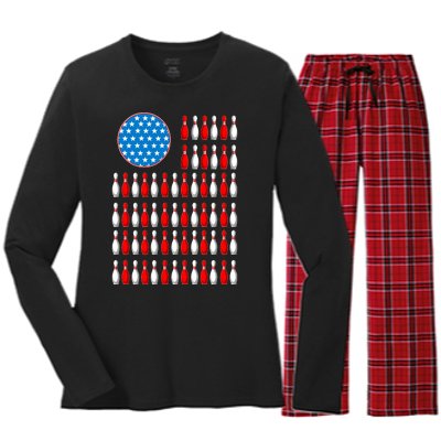 Bowling American Flag Women's Long Sleeve Flannel Pajama Set 