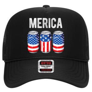 Beer American Flag 4th Of July Merica Usa Drinking High Crown Mesh Back Trucker Hat