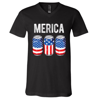 Beer American Flag 4th Of July Merica Usa Drinking V-Neck T-Shirt