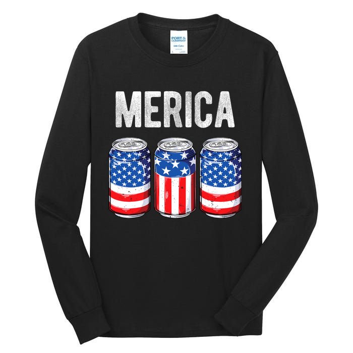 Beer American Flag 4th Of July Merica Usa Drinking Tall Long Sleeve T-Shirt