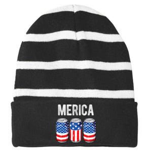 Beer American Flag 4th Of July Merica Usa Drinking Striped Beanie with Solid Band