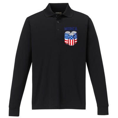 Beer American Flag 4th Of July Merica Usa Drinking Performance Long Sleeve Polo