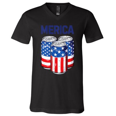 Beer American Flag 4th Of July Merica Usa Drinking V-Neck T-Shirt