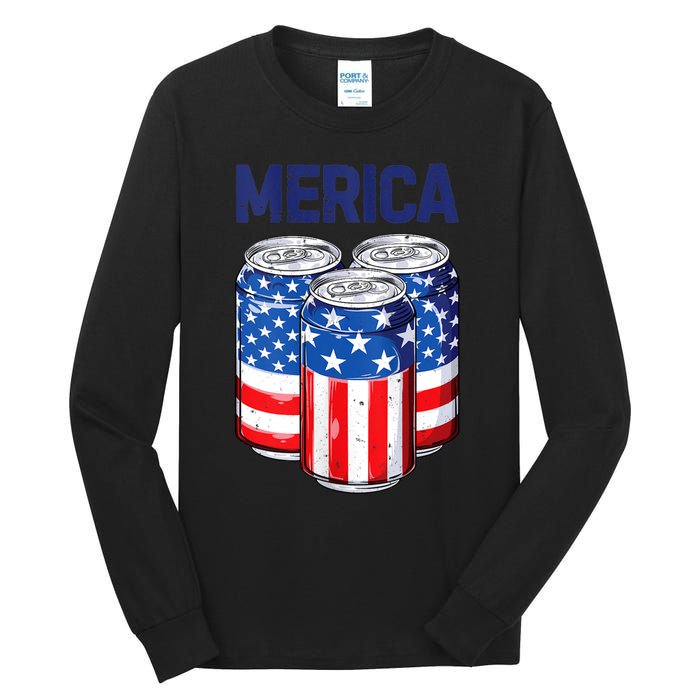 Beer American Flag 4th Of July Merica Usa Drinking Tall Long Sleeve T-Shirt