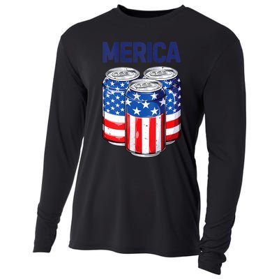 Beer American Flag 4th Of July Merica Usa Drinking Cooling Performance Long Sleeve Crew