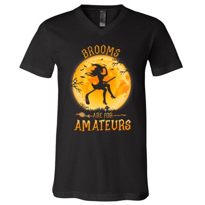 Brooms Are For Amateurs Witch Riding Hockey Stick Halloween V-Neck T-Shirt