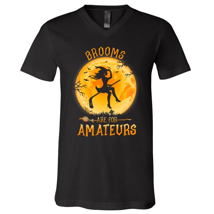 Brooms Are For Amateurs Witch Riding Hockey Stick Halloween V-Neck T-Shirt