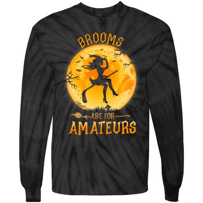 Brooms Are For Amateurs Witch Riding Hockey Stick Halloween Tie-Dye Long Sleeve Shirt