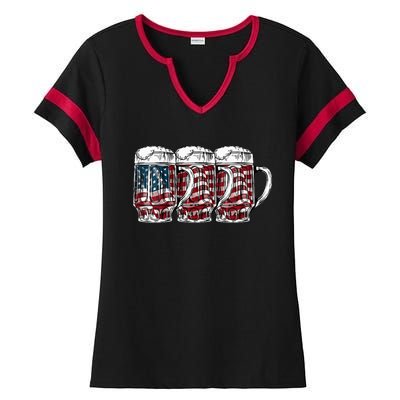 Beer American Flag 4th of July Drinking Beer Patriotic Lover Ladies Halftime Notch Neck Tee