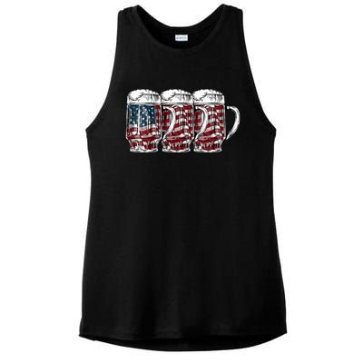 Beer American Flag 4th of July Drinking Beer Patriotic Lover Ladies PosiCharge Tri-Blend Wicking Tank