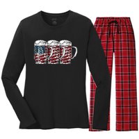 Beer American Flag 4th of July Drinking Beer Patriotic Lover Women's Long Sleeve Flannel Pajama Set 