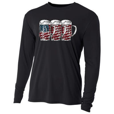 Beer American Flag 4th of July Drinking Beer Patriotic Lover Cooling Performance Long Sleeve Crew