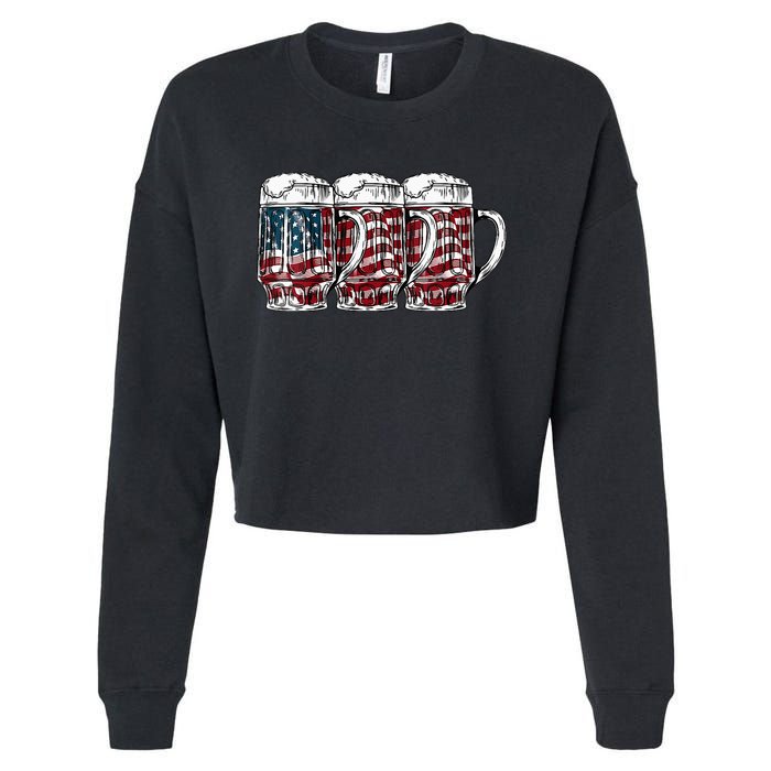 Beer American Flag 4th of July Drinking Beer Patriotic Lover Cropped Pullover Crew