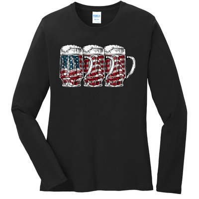 Beer American Flag 4th of July Drinking Beer Patriotic Lover Ladies Long Sleeve Shirt