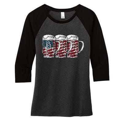 Beer American Flag 4th of July Drinking Beer Patriotic Lover Women's Tri-Blend 3/4-Sleeve Raglan Shirt