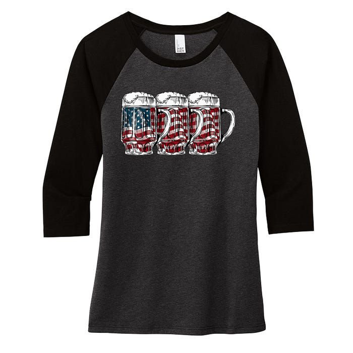 Beer American Flag 4th of July Drinking Beer Patriotic Lover Women's Tri-Blend 3/4-Sleeve Raglan Shirt