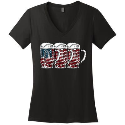 Beer American Flag 4th of July Drinking Beer Patriotic Lover Women's V-Neck T-Shirt