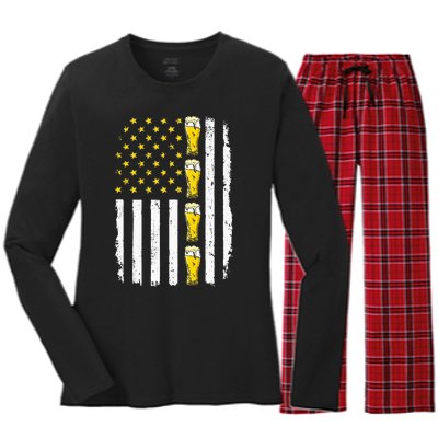 Beer American Flag 4th of July Funny Patriotic Brewery Mugs Women's Long Sleeve Flannel Pajama Set 