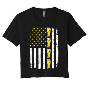 Beer American Flag 4th of July Funny Patriotic Brewery Mugs Women's Crop Top Tee