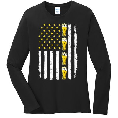 Beer American Flag 4th of July Funny Patriotic Brewery Mugs Ladies Long Sleeve Shirt