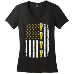 Beer American Flag 4th of July Funny Patriotic Brewery Mugs Women's V-Neck T-Shirt