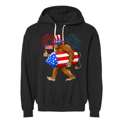 Bigfoot American Flag Funny 4th Of July Sasquatch Believe Garment-Dyed Fleece Hoodie