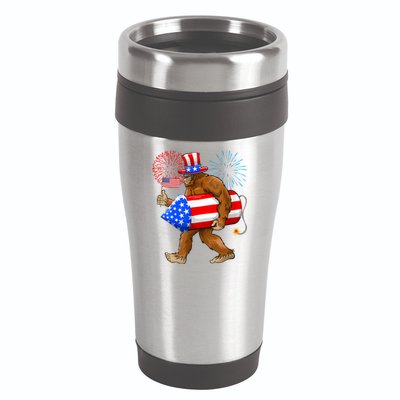 Bigfoot American Flag Funny 4th Of July Sasquatch Believe 16oz Travel Tumbler