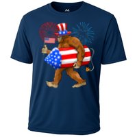 Bigfoot American Flag Funny 4th Of July Sasquatch Believe Cooling Performance Crew T-Shirt