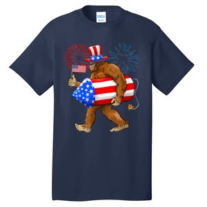 Bigfoot American Flag Funny 4th Of July Sasquatch Believe Tall T-Shirt