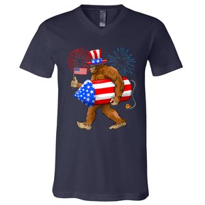 Bigfoot American Flag Funny 4th Of July Sasquatch Believe V-Neck T-Shirt