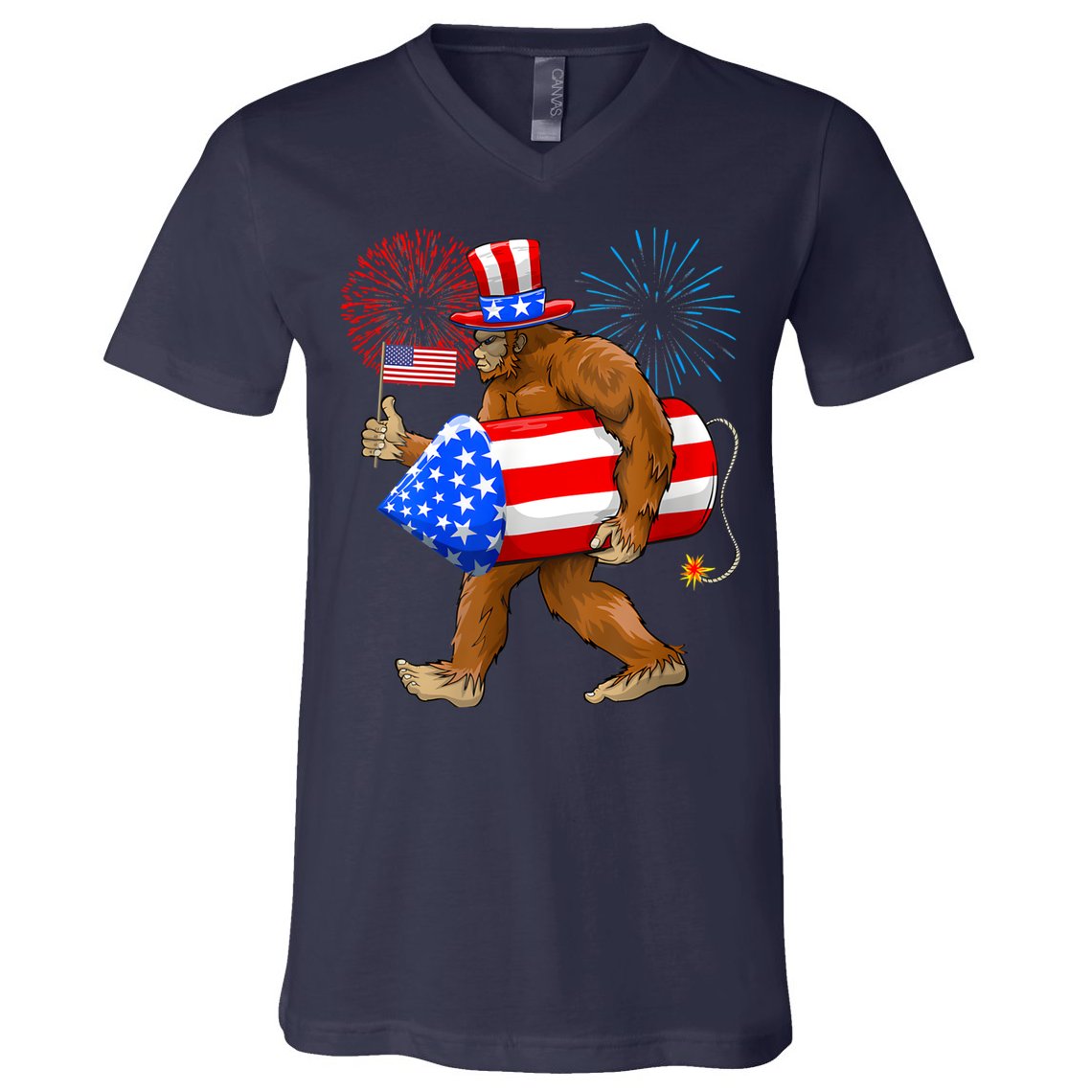 Bigfoot American Flag Funny 4th Of July Sasquatch Believe V-Neck T-Shirt