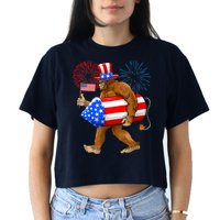 Bigfoot American Flag Funny 4th Of July Sasquatch Believe Women's Crop Top Tee