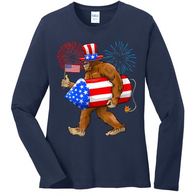 Bigfoot American Flag Funny 4th Of July Sasquatch Believe Ladies Long Sleeve Shirt