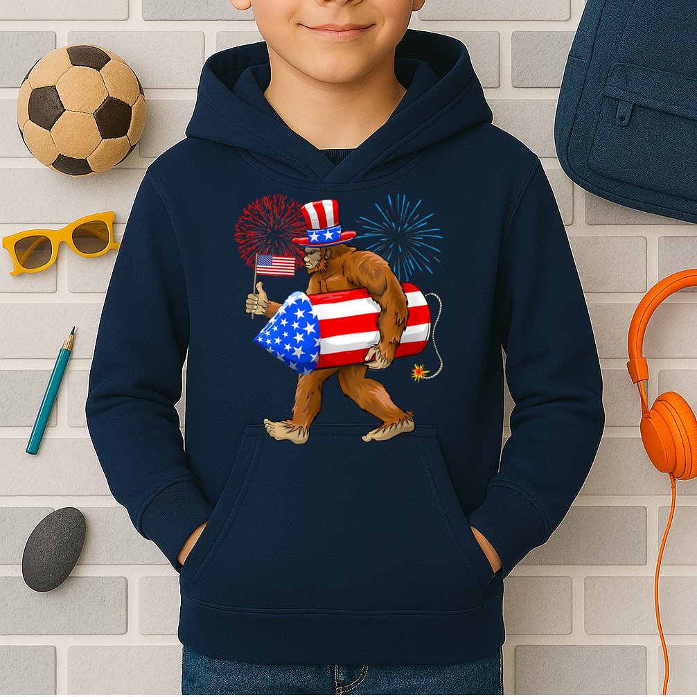 Bigfoot American Flag Funny 4th Of July Sasquatch Believe Kids Hoodie