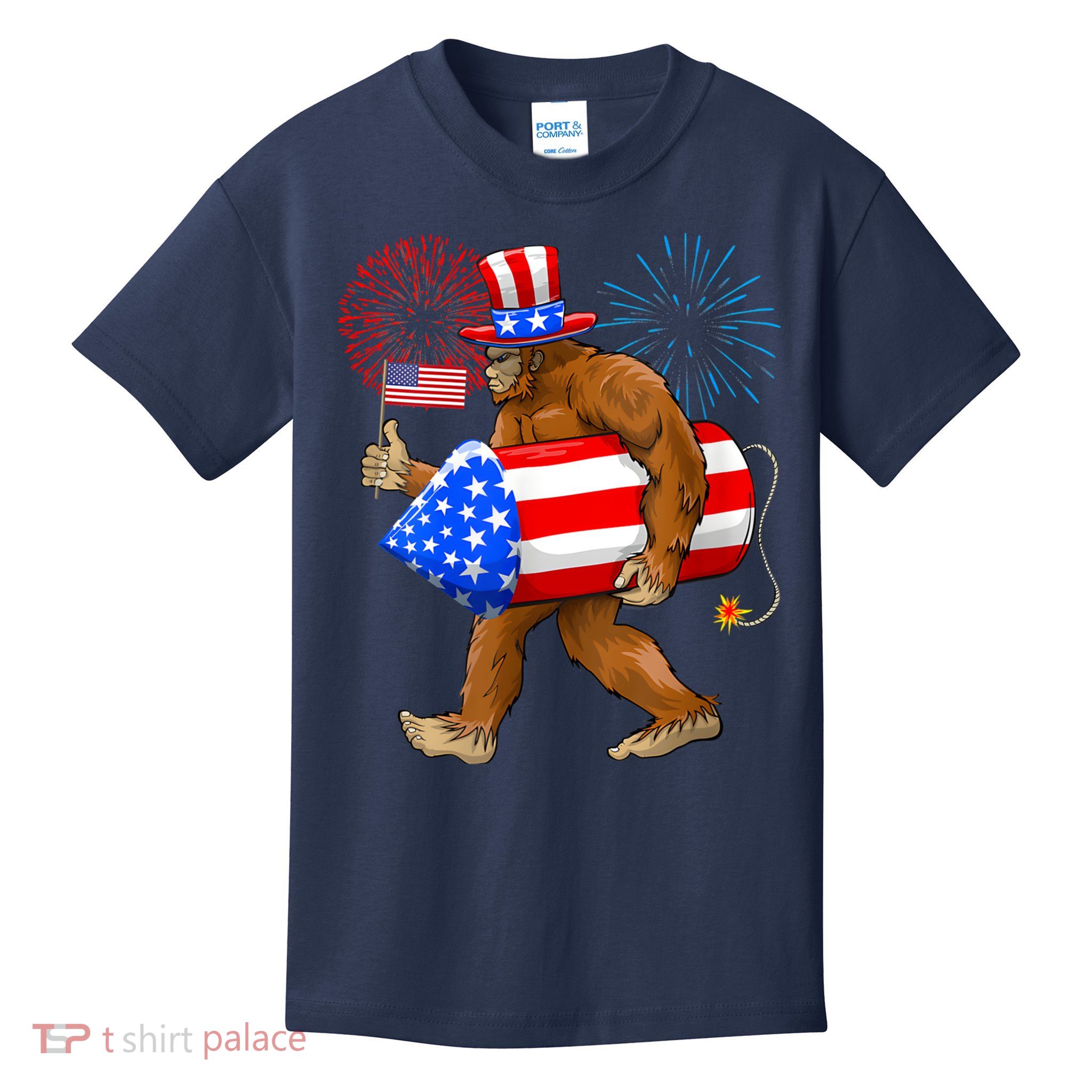 Bigfoot American Flag Funny 4th Of July Sasquatch Believe Kids T-Shirt