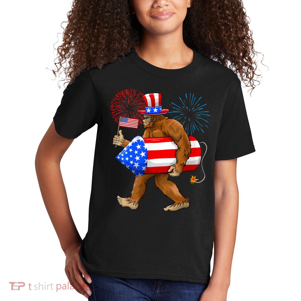 Bigfoot American Flag Funny 4th Of July Sasquatch Believe Kids T-Shirt