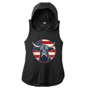 Bull American Flag Rodeo Distressed Cowboy Red Western Ladies PosiCharge Tri-Blend Wicking Draft Hoodie Tank