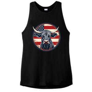 Bull American Flag Rodeo Distressed Cowboy Red Western Ladies PosiCharge Tri-Blend Wicking Tank