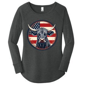 Bull American Flag Rodeo Distressed Cowboy Red Western Women's Perfect Tri Tunic Long Sleeve Shirt