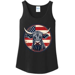 Bull American Flag Rodeo Distressed Cowboy Red Western Ladies Essential Tank