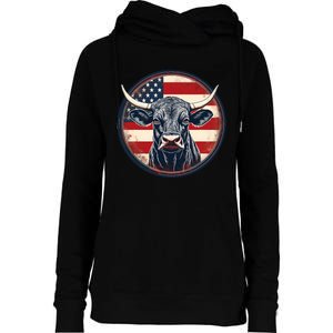 Bull American Flag Rodeo Distressed Cowboy Red Western Womens Funnel Neck Pullover Hood