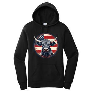 Bull American Flag Rodeo Distressed Cowboy Red Western Women's Pullover Hoodie