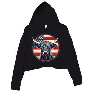 Bull American Flag Rodeo Distressed Cowboy Red Western Crop Fleece Hoodie